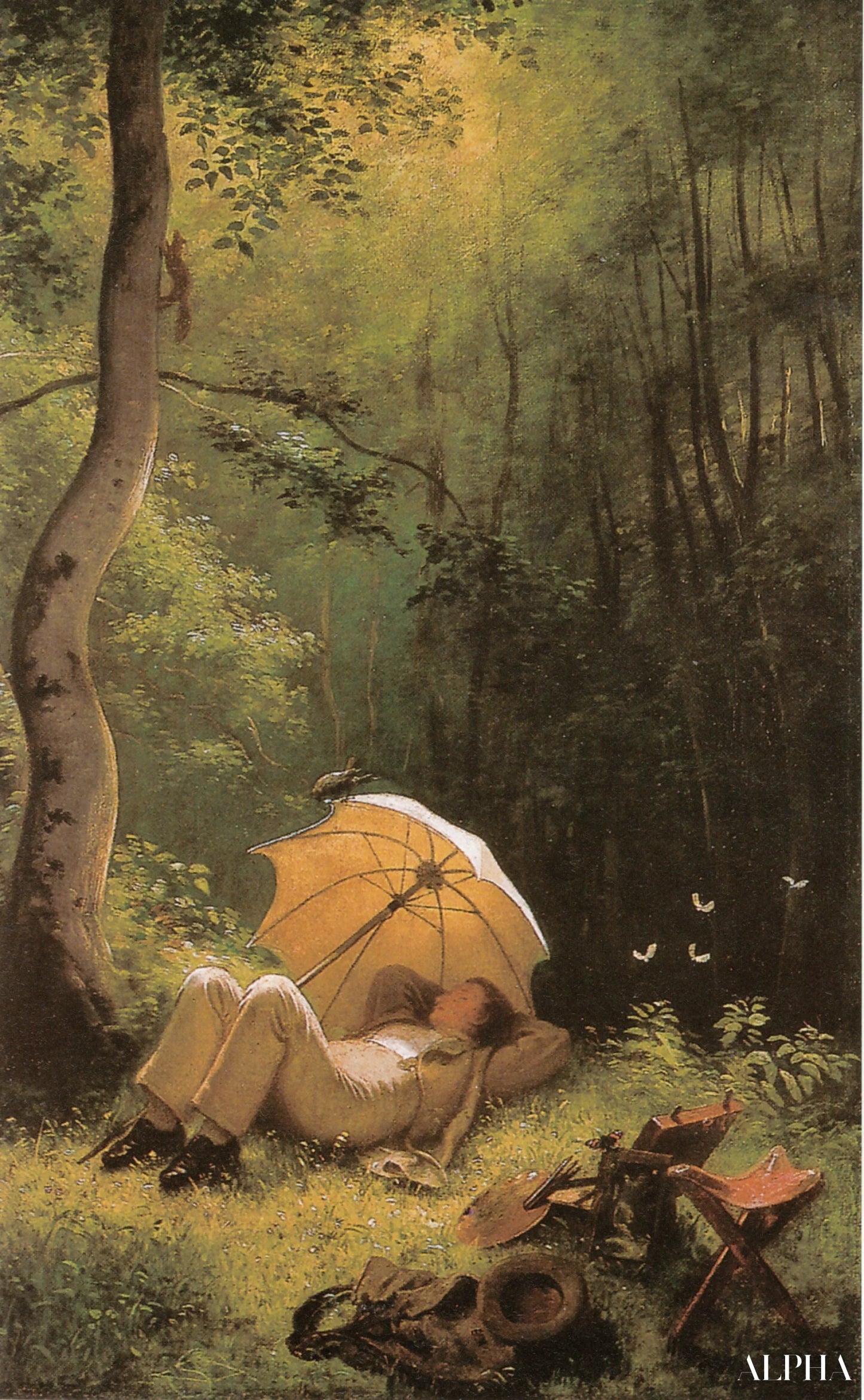Le Peintre dans une clairière allongé sous un parasol - Carl Spitzweg - Reproductions de tableaux et peintures haut de gamme