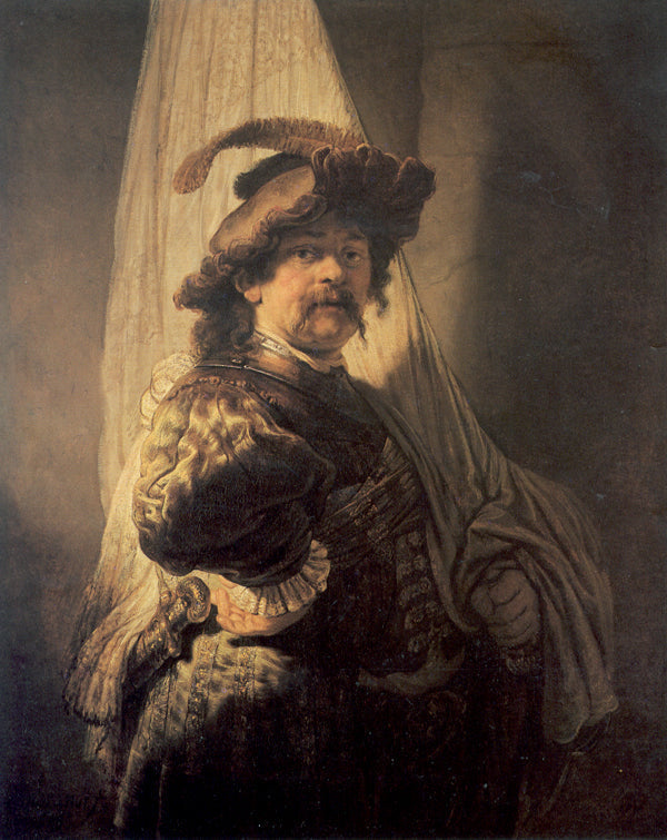 Rembrandt en porte-étendard, vêtu d’un costume militaire historique