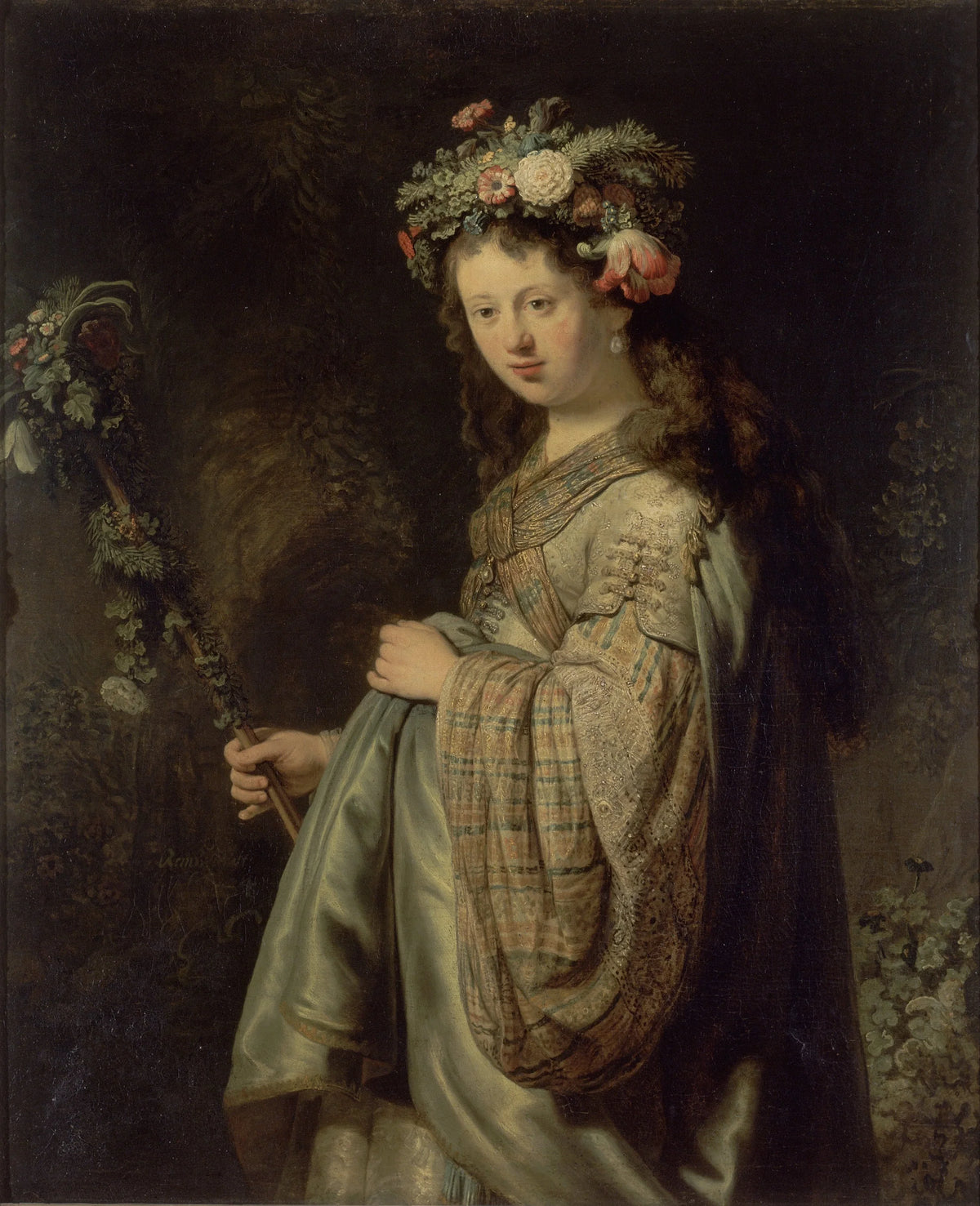 Saskia représentée en Flora par Rembrandt en 1634, couronnée de fleurs