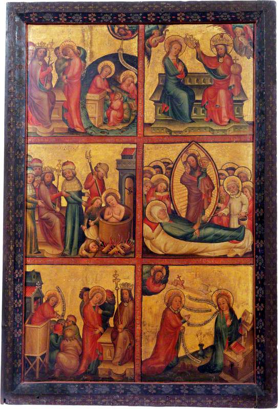3 scènes uit het leven van Sint Johannes de Evangelist; 3 scènes uit het leven van de Maagd (triptychon, linker buitenpaneel) - Meester Bertram