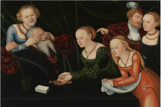 6 personen, meisjes die spelen met een oude man - Lucas Cranach de Oudere