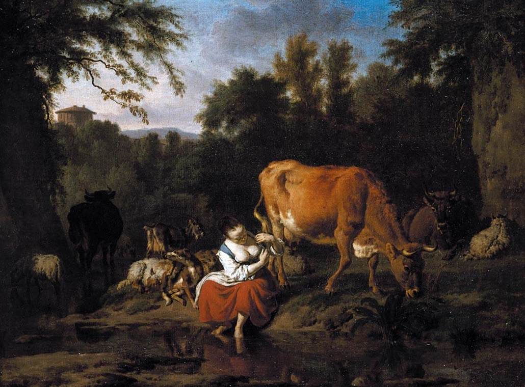 Paysage avec une bergère et son bétail sur la rive d'un ruisseau - Adriaen van de Velde