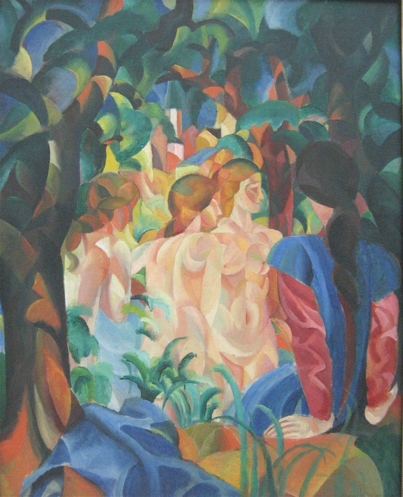 Meisjes die zich baden met de stad op de achtergrond - August Macke