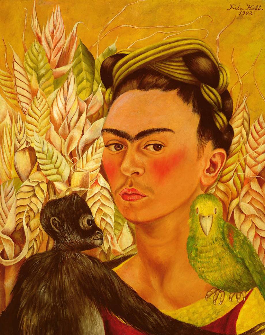 Zelfportret met aap en papegaai – Frida Kahlo (1942)