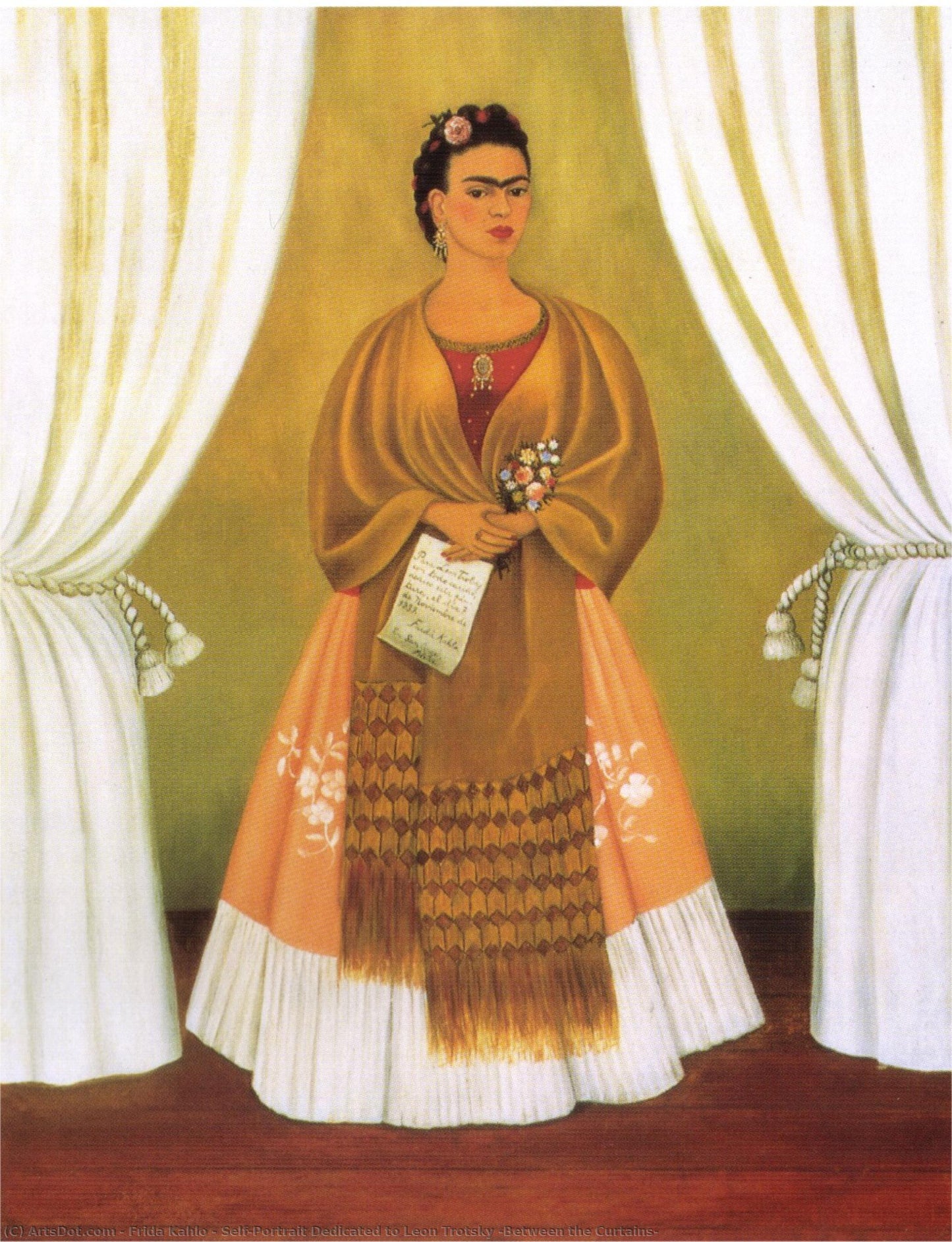 Zelfportret opgedragen aan Léon Trotski (Tussen de gordijnen) – Frida Kahlo (1937)