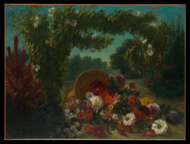 Omgevallen bloemenmand in een tuin - Eugène Delacroix