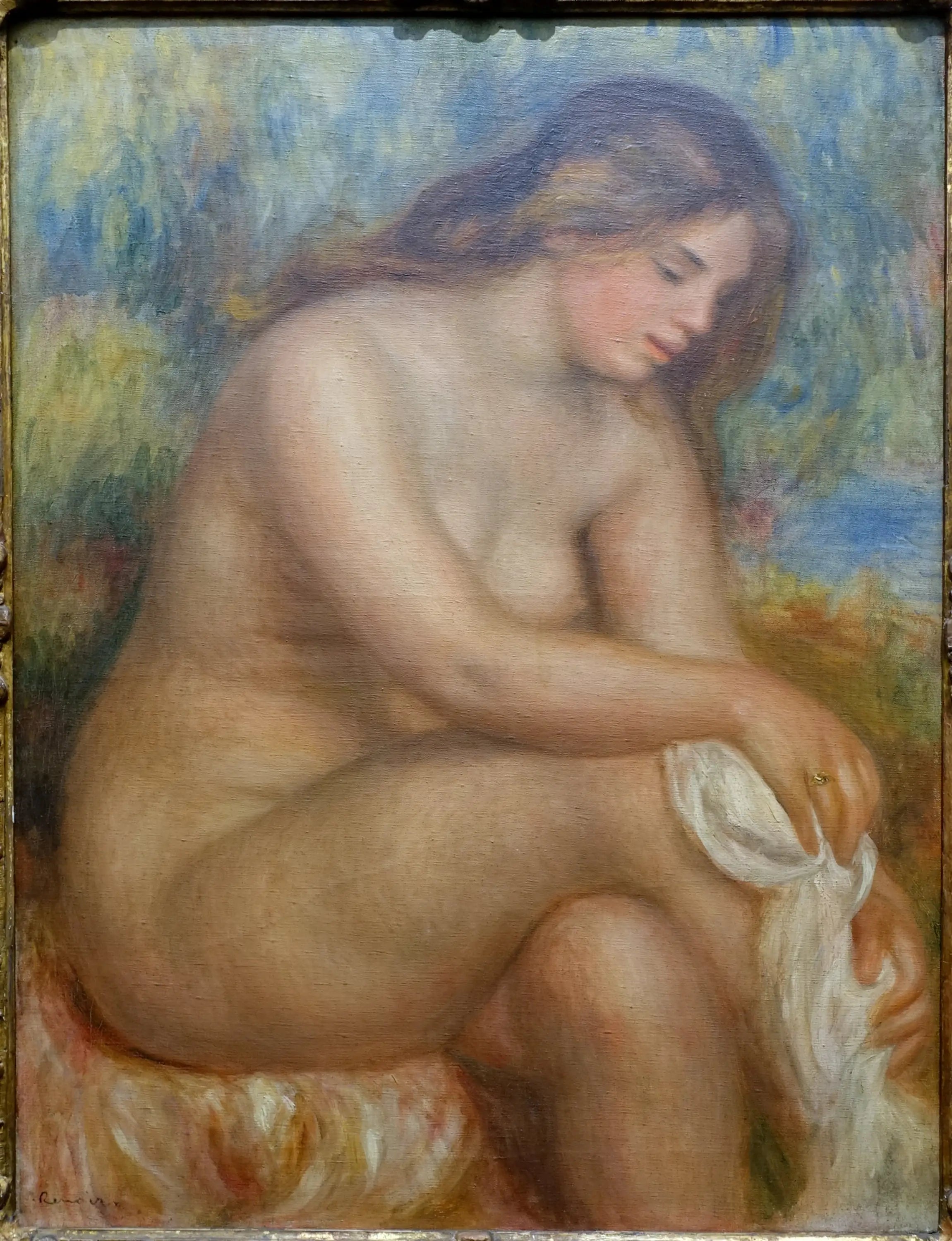 Reproduction du tableau « Baigneuse séchant sa jambe droite - Pierre-Auguste Renoir » par Alpha Reproduction en peinture à l’huile