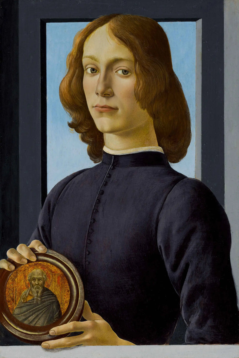 Portret van een jonge man die een medaillon vasthoudt - Sandro Botticelli