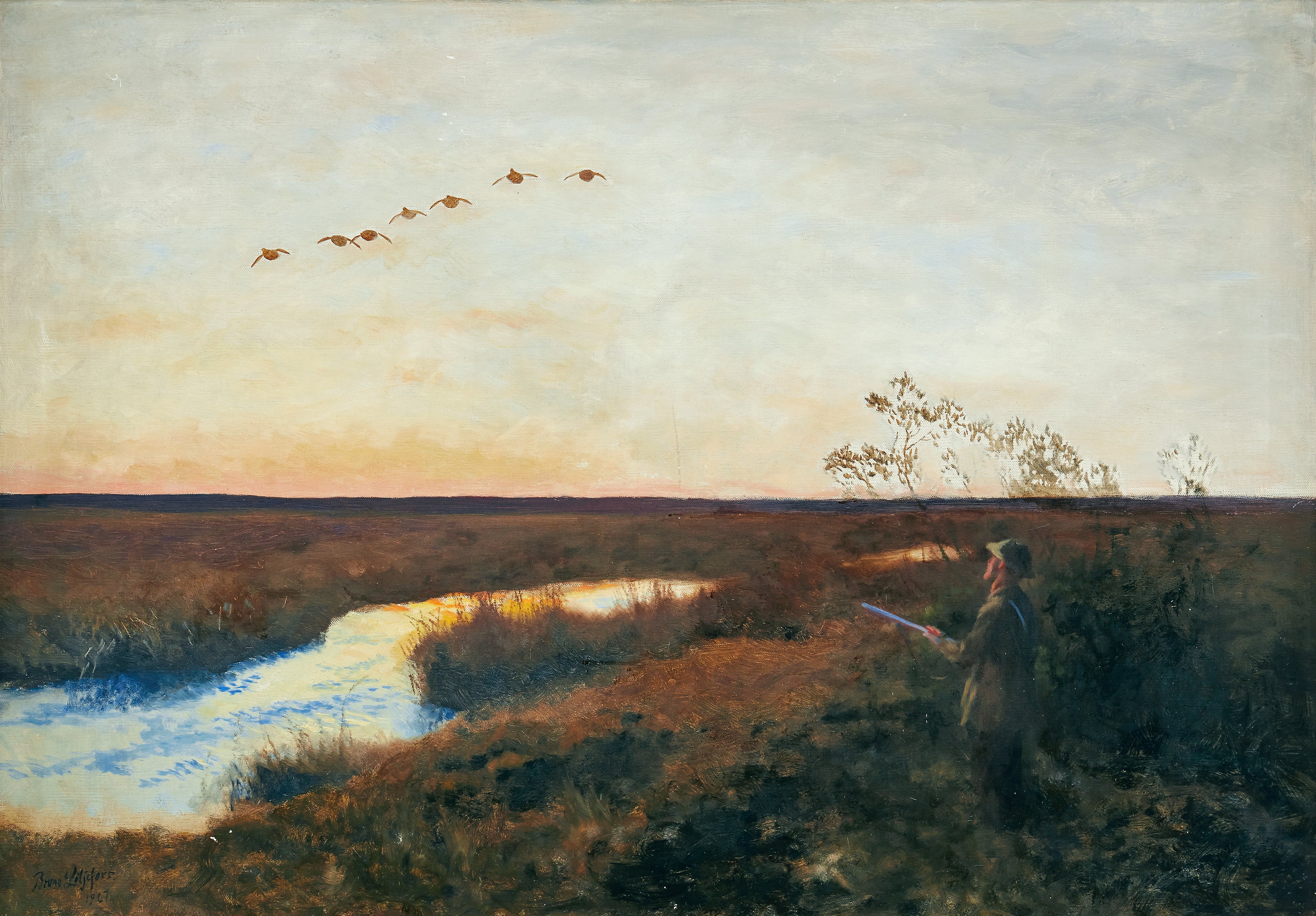 Le crépuscule enveloppe un paysage où s'étirent des canards et un chasseur - Bruno Liljefors