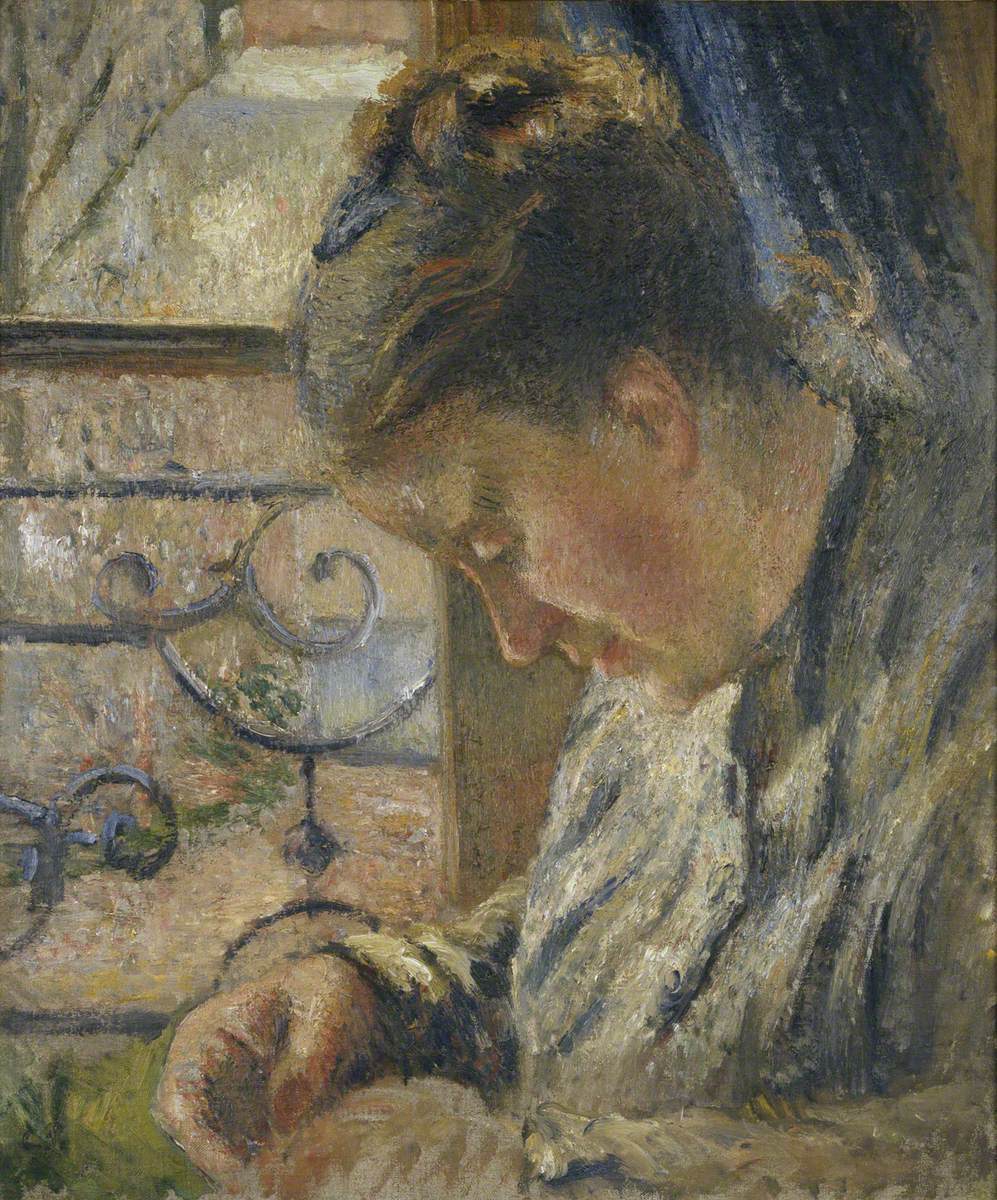 Reproduction du tableau « Julie Pissarro cousant, la maison rouge, Pontoise - Camille Pissarro » par Alpha Reproduction en peinture à l’huile