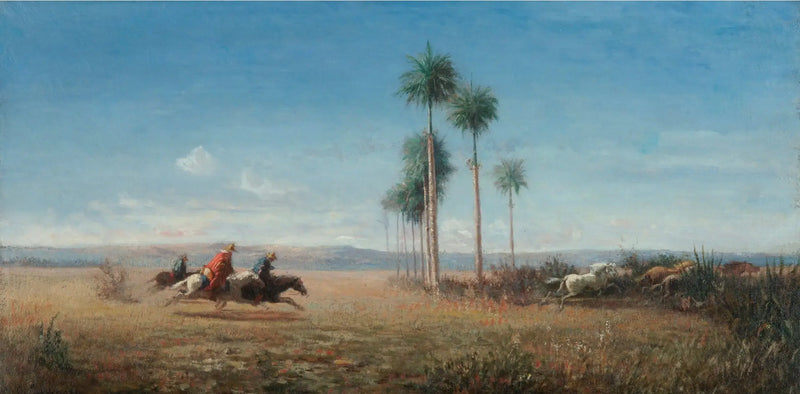 Drie ruiters en galopperende paarden in een vlakte (Venezuela) - Camille Pissarro