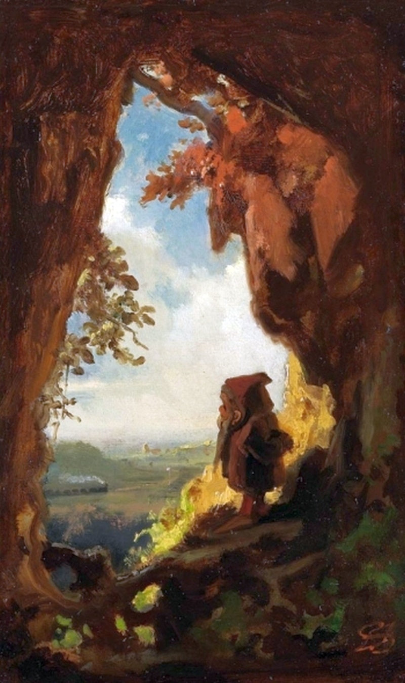 Gnoom die naar een trein kijkt - Carl Spitzweg