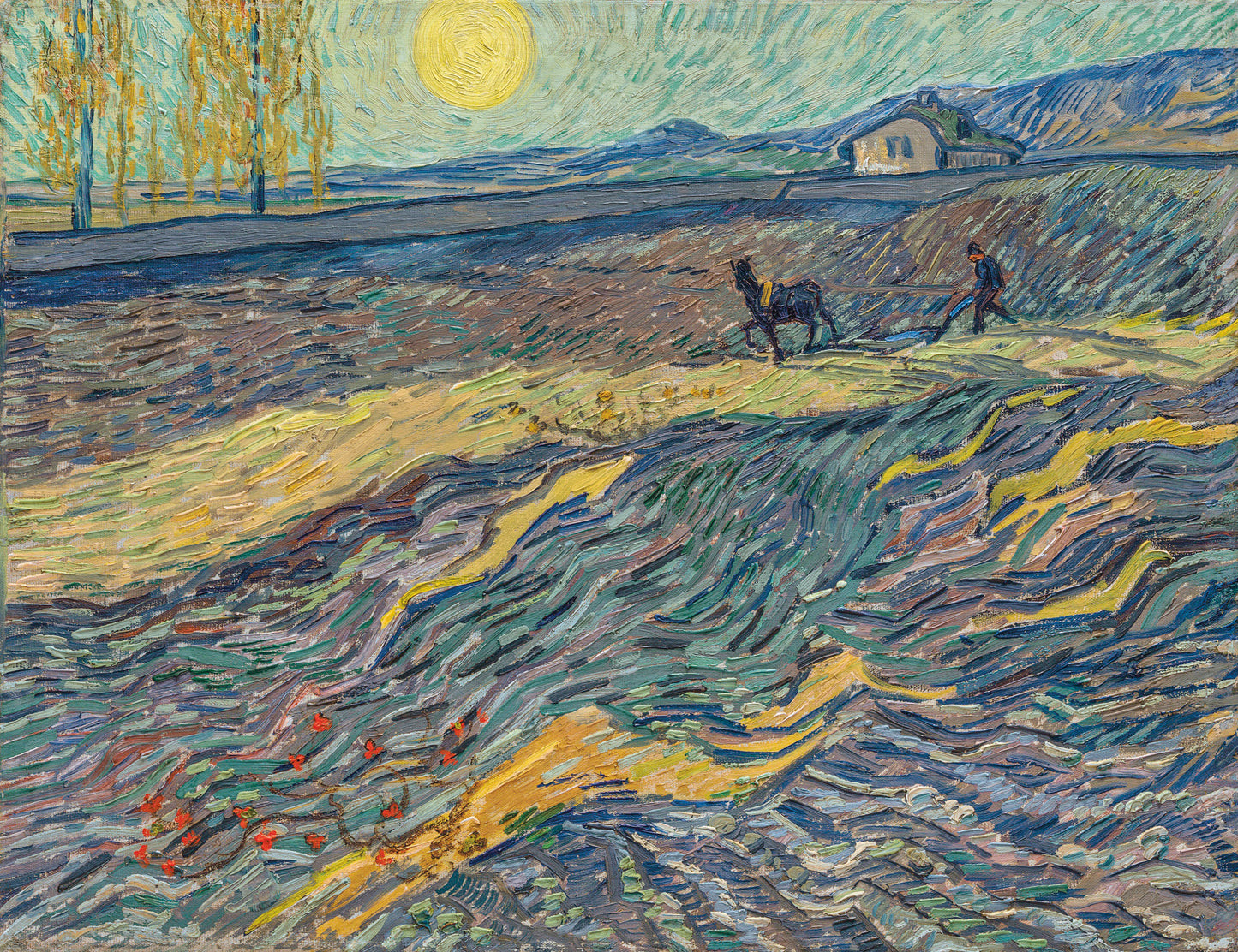 🌾 Veld met boer die ploegt en molen – Vincent van Gogh (1889)