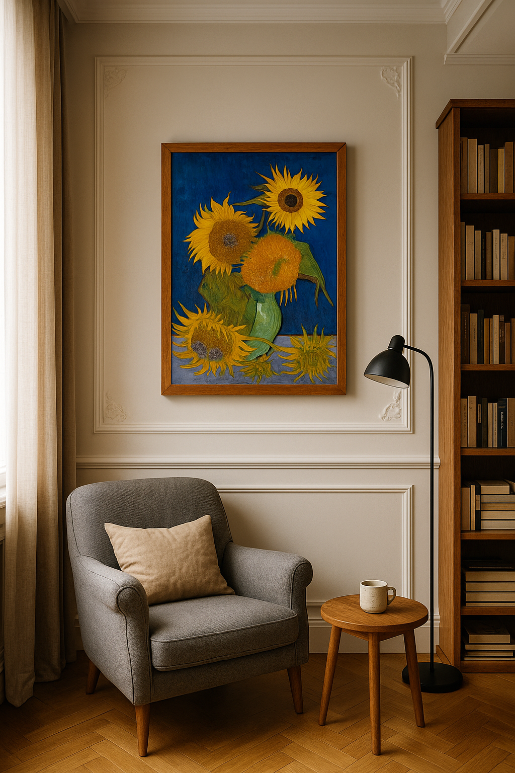 🌻 Zonnebloemen (koningsblauwe achtergrond) – Vincent van Gogh (1888)