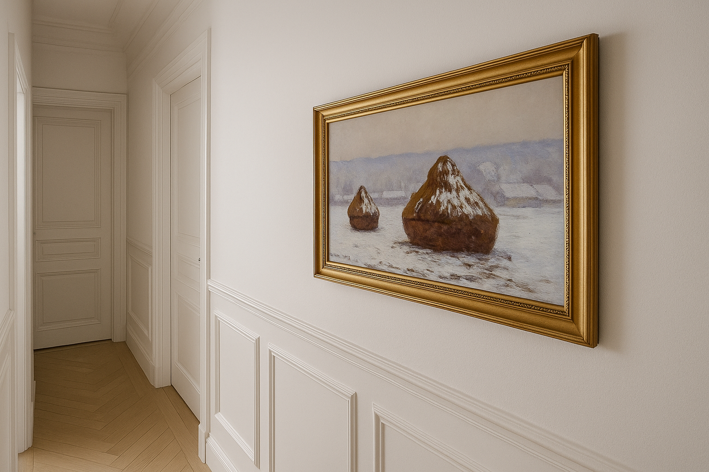 Meules, sneeuweffect van Claude Monet