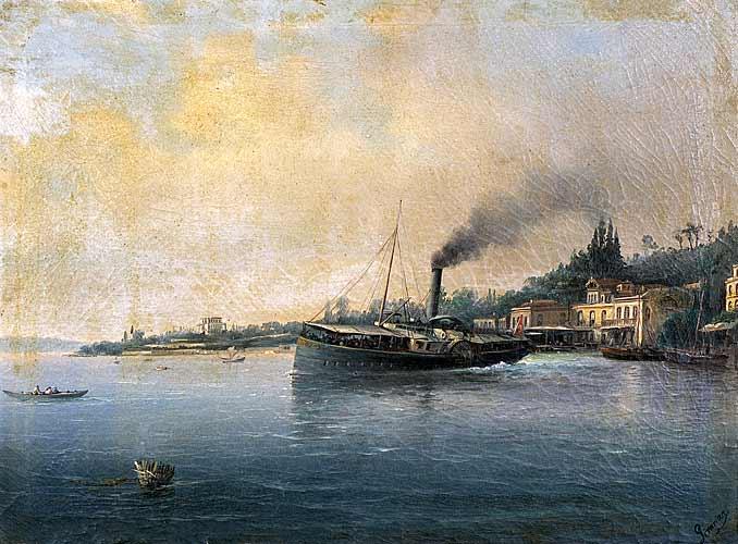 Vapeur sur le Bosphore — Mıgırdiç Civanyan, vers 1900, huile sur toile