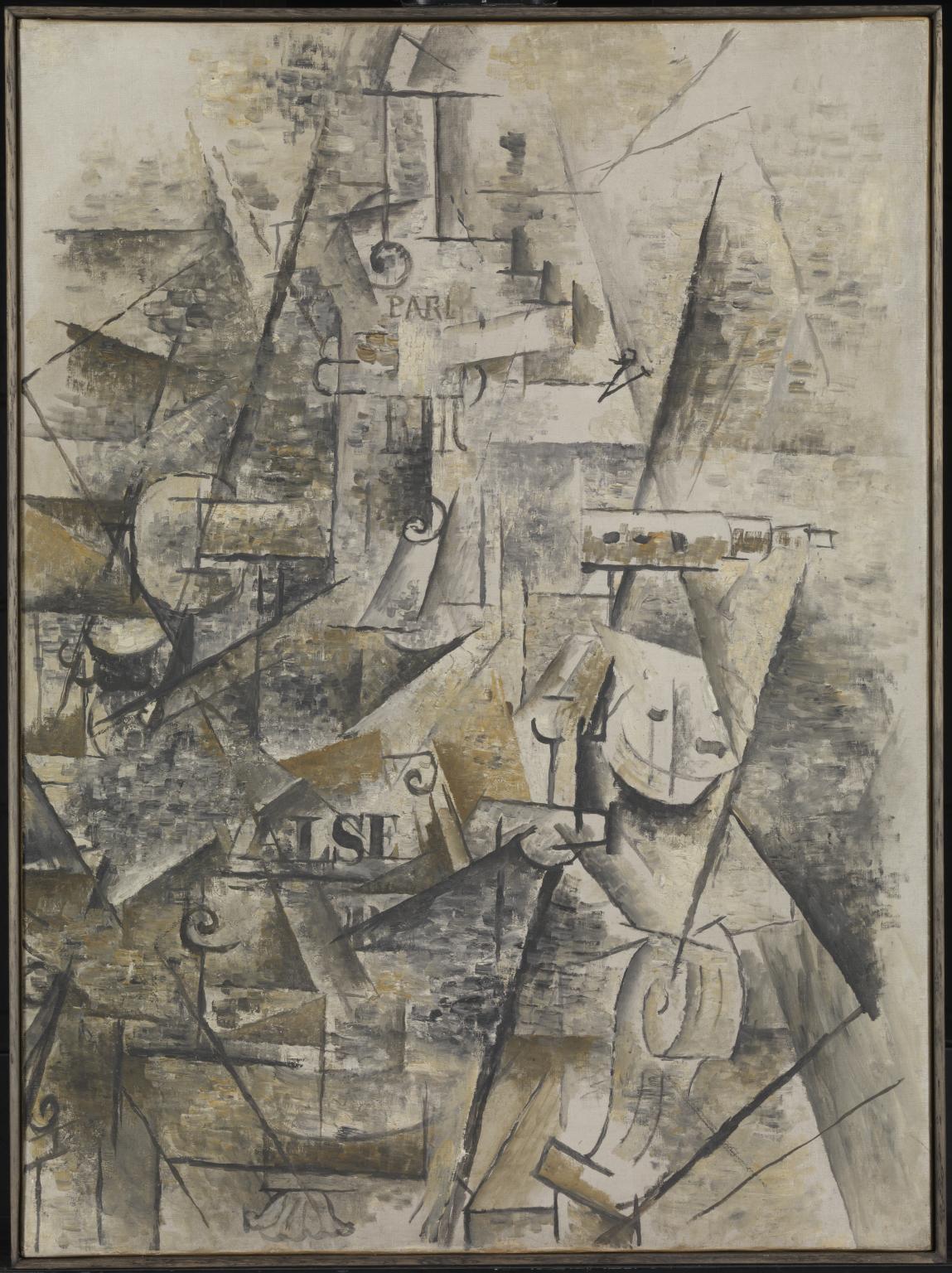 Klarinet en fles rum op een schoorsteenmantel – Juan Gris (1911–1912)