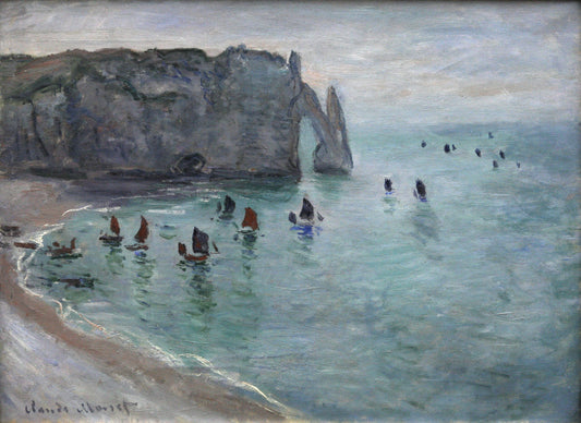 🖼️ Étretat, de Porte d’Aval – Vissersboten die de haven verlaten – Claude Monet (rond 1885)