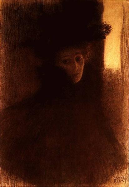 🎩 Dame met cape en hoed – Gustav Klimt (rond 1897-1898)