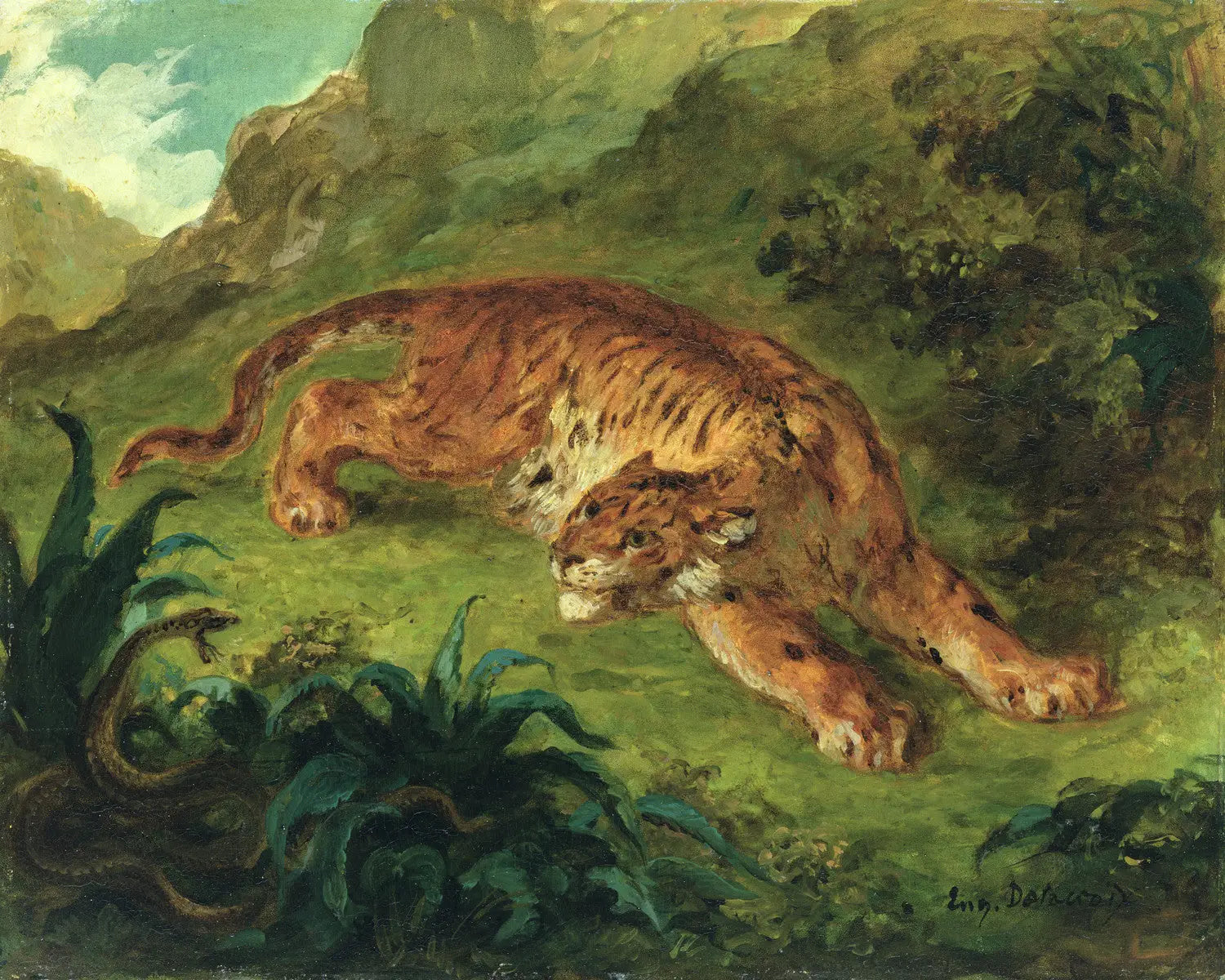 Reproduction du tableau « Tigre effrayé par un serpent - Eugène Delacroix » par Alpha Reproduction en peinture à l’huile