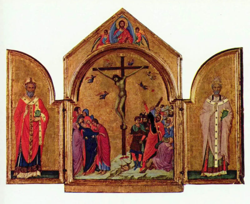 Triptychon: de Kruisiging; de Verlosser met de engelen; Sint-Nicolaas; Sint-Grégoire - Duccio di Buoninsegna