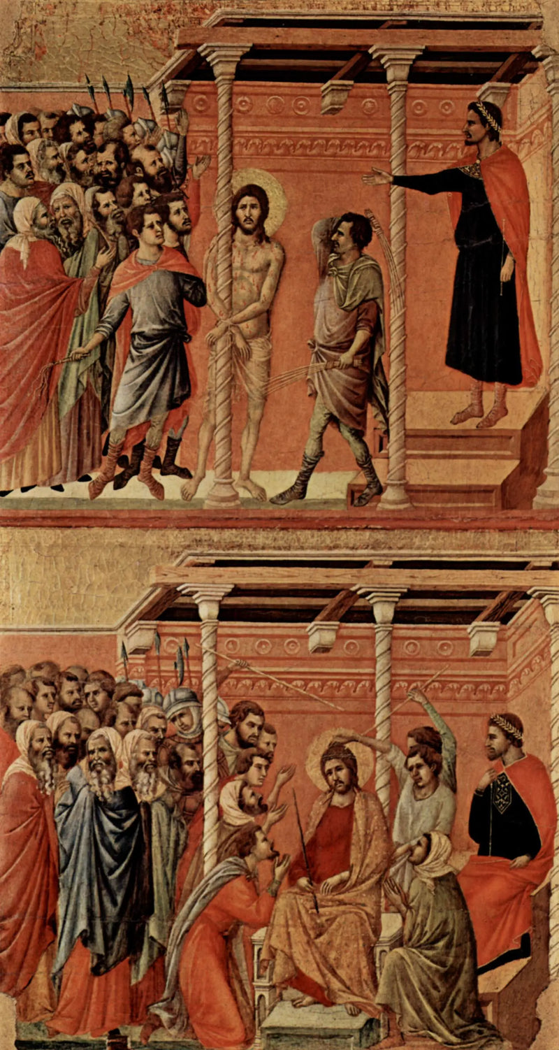 Vernedering (bovenaan); Christus met doornenkroon (onderaan) - Duccio di Buoninsegna