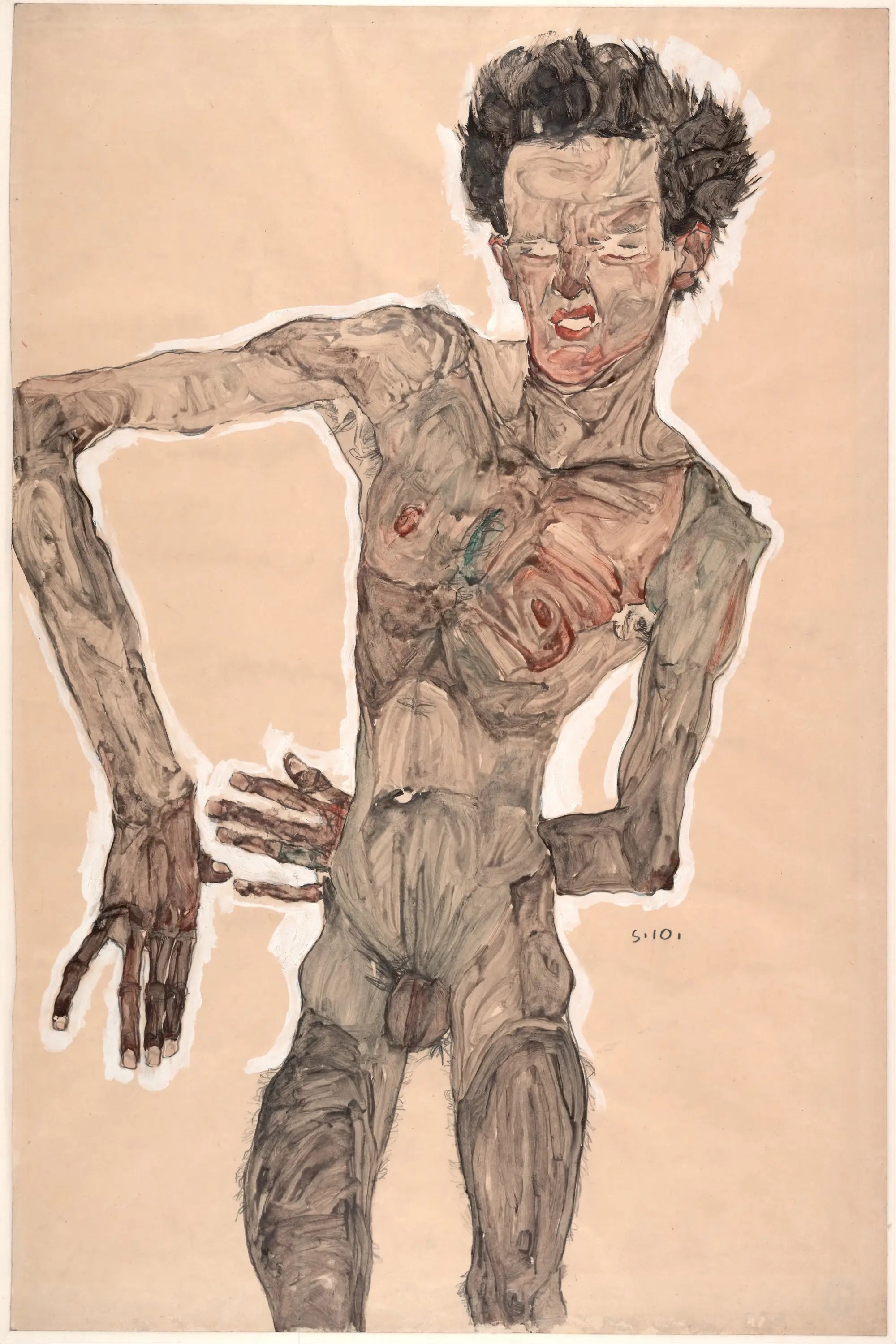 Reproduction du tableau « Autoportrait nu à la grimace - Egon Schiele » par Alpha Reproduction en peinture à l’huile