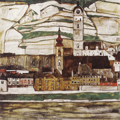 Reproduction du tableau « Stein sur le Danube, vu du sud - Egon Schiele » par Alpha Reproduction en peinture à l’huile