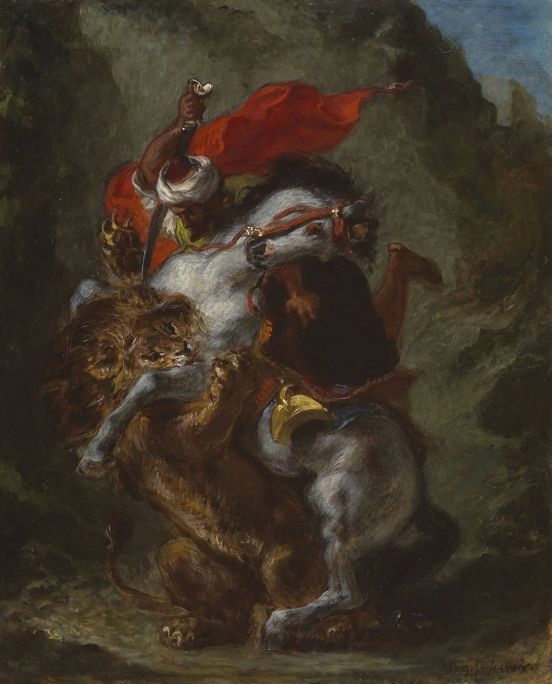 Reproduction du tableau « Cavalier arabe attaqué par un lion - Eugène Delacroix » par Alpha Reproduction en peinture à l’huile