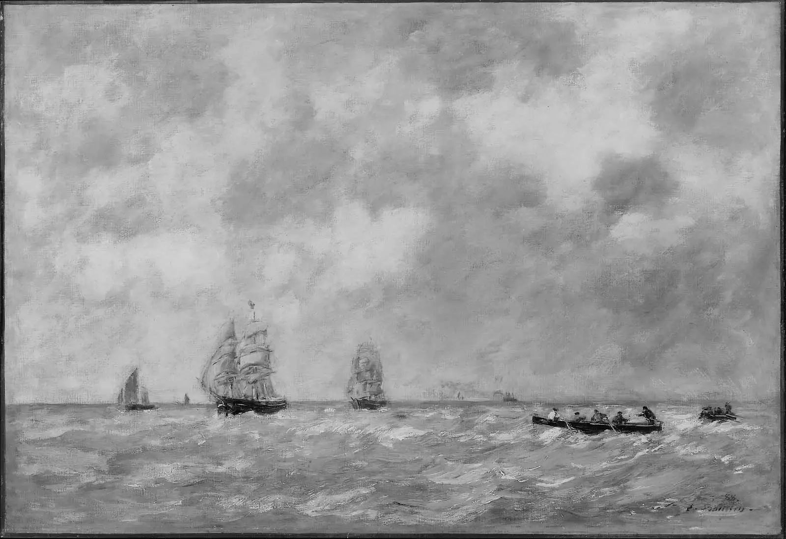 Reproduction du tableau « Paysage marin, Pilotes fluviaux - Eugène Boudin » par Alpha Reproduction en peinture à l’huile