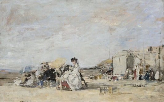 👒 Dame in het wit op het strand van Trouville – Eugène Boudin (rond 1865–1870)