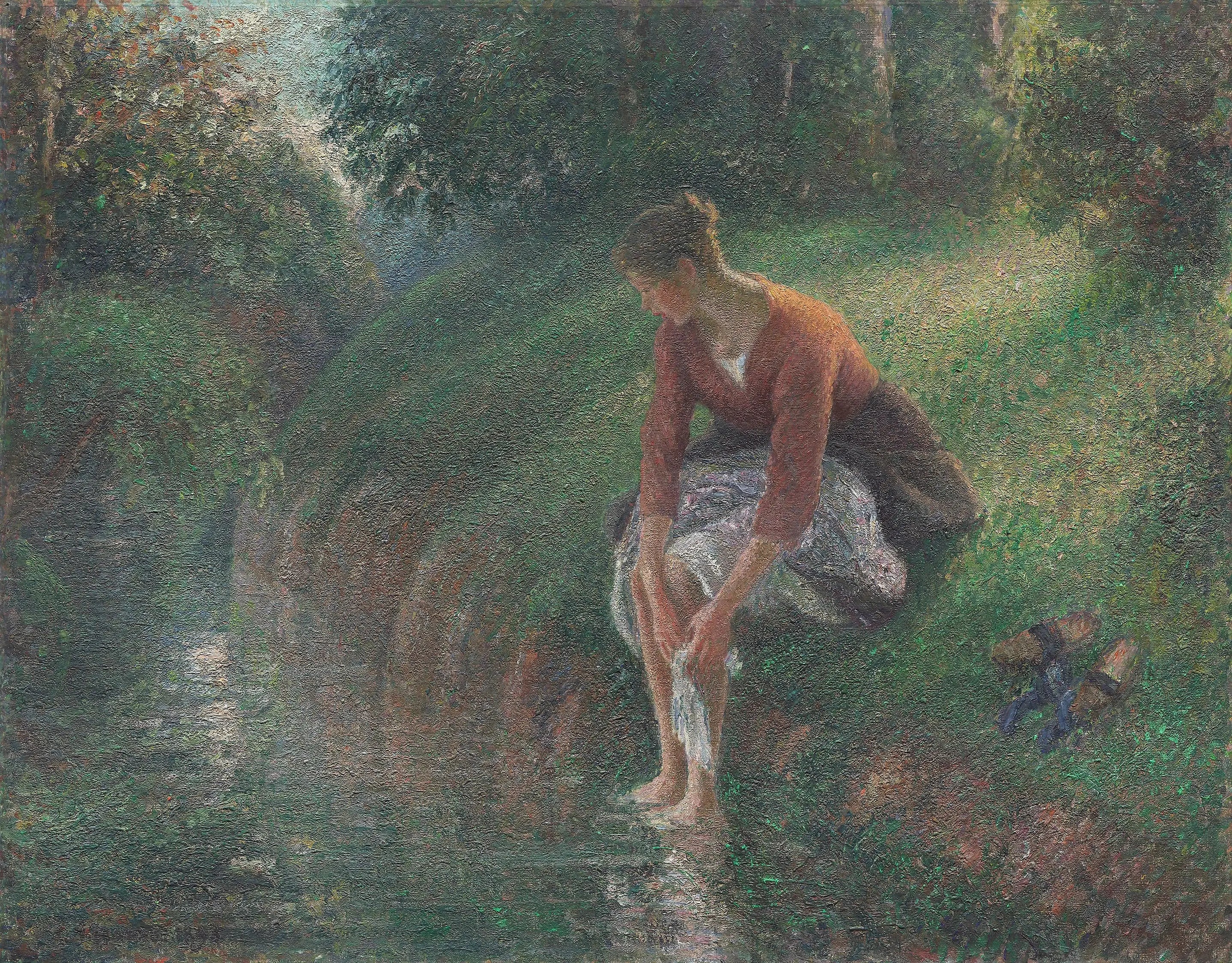 Reproduction du tableau « Femme baignant ses pieds dans un ruisseau - Camille Pissarro » par Alpha Reproduction en peinture à l’huile