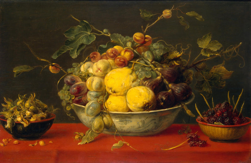 Fruits dans un bol sur une nappe rouge - Frans Snyders