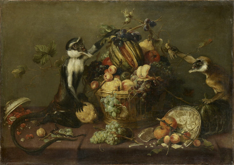Deux Singes pillant une corbeille de fruits - Frans Snyders