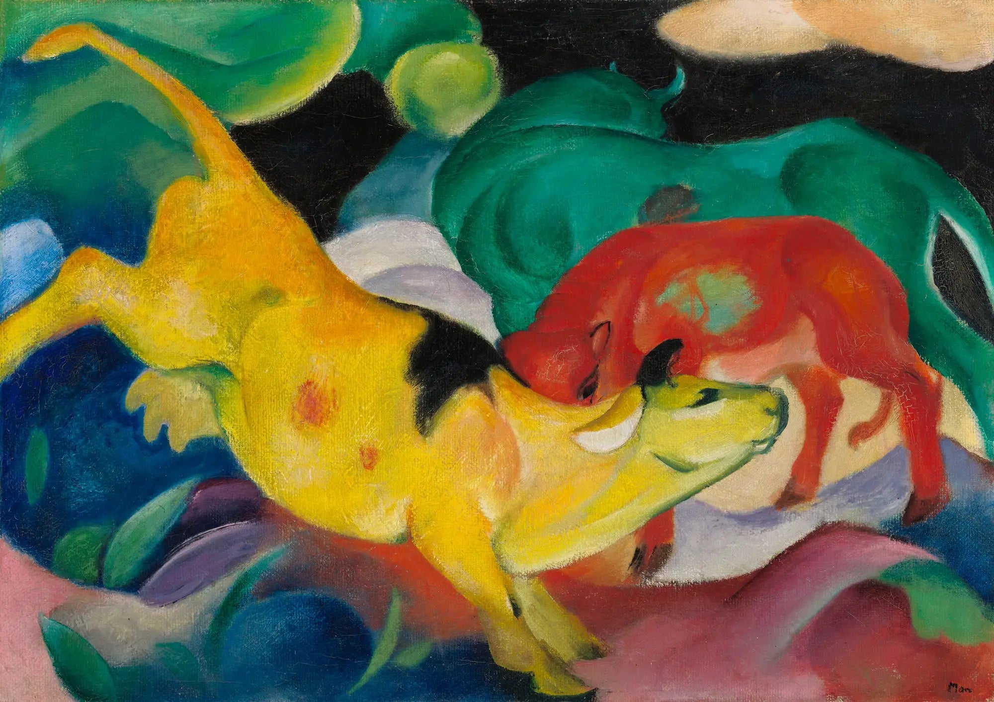 Reproduction du tableau « Vaches Rouge Vert Jaune - Franz Marc » par Alpha Reproduction en peinture à l’huile