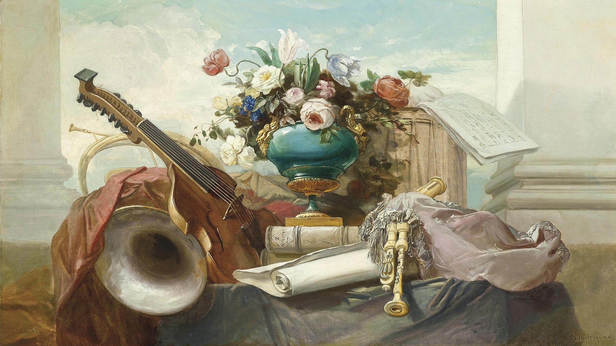 Instruments de musique et vase de roses sur un entablement de Denis-Joseph Godefroy