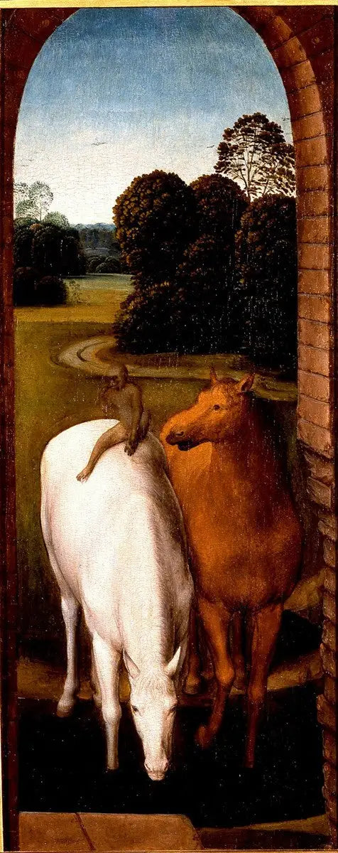 Twee paarden in een landschap - Hans Memling