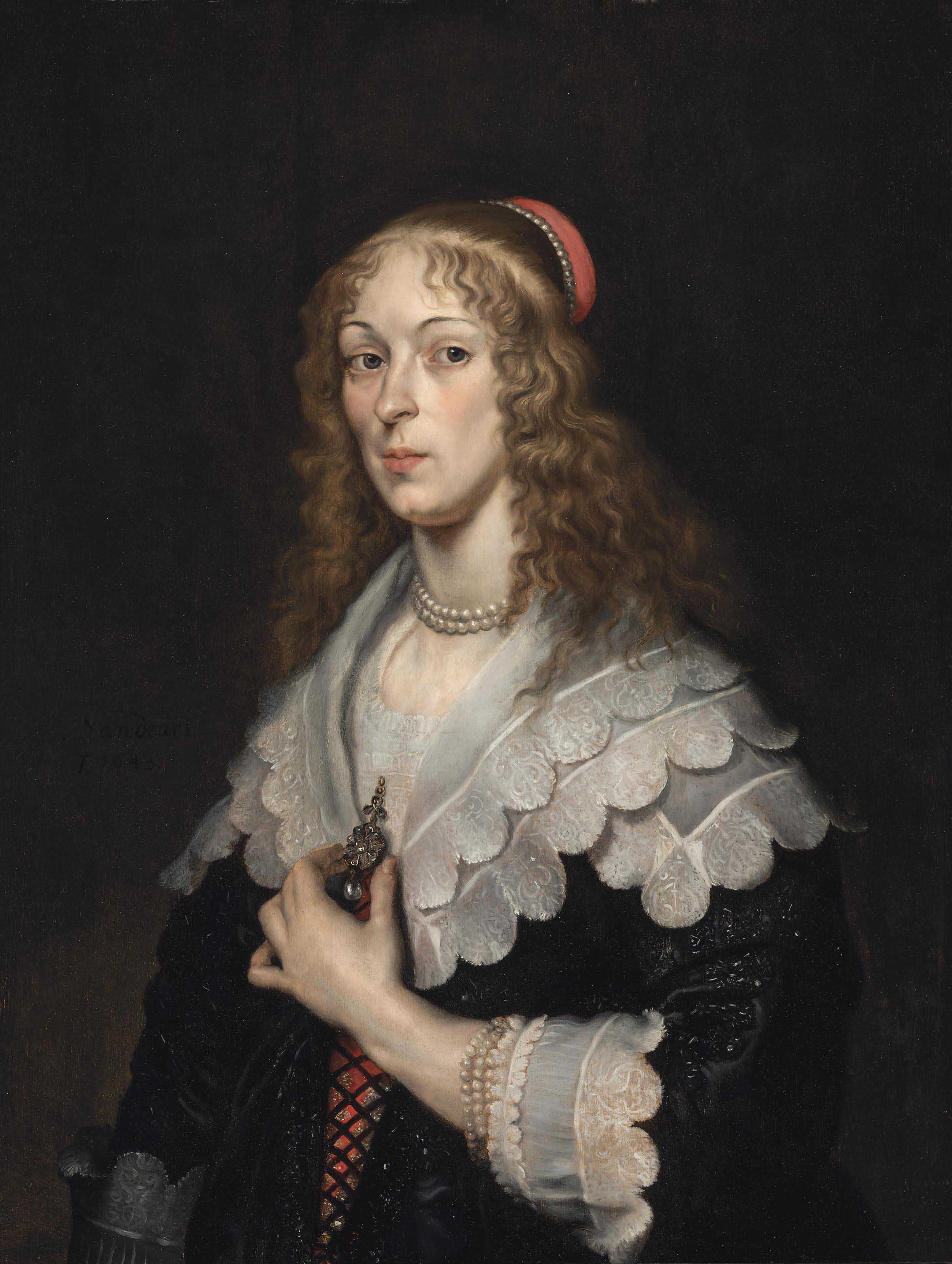 Portrait d'une dame, buste, en robe noire brodée - Joachim von Sandrart