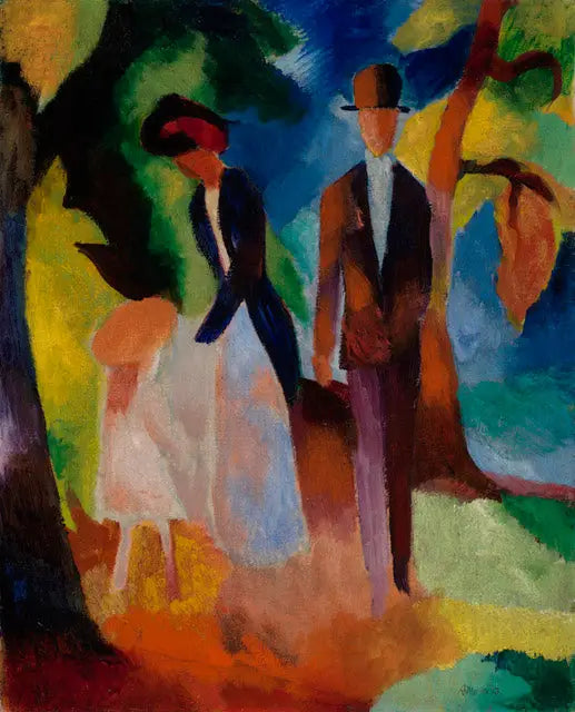 Mensen aan de rand van een blauw meer - August Macke