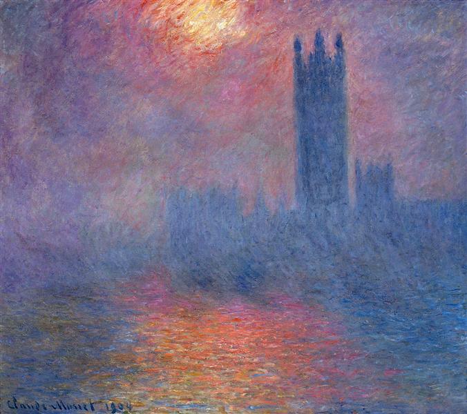 🌫️ Londen, het Parlement, zonnestraal door de mist – Claude Monet (1904)