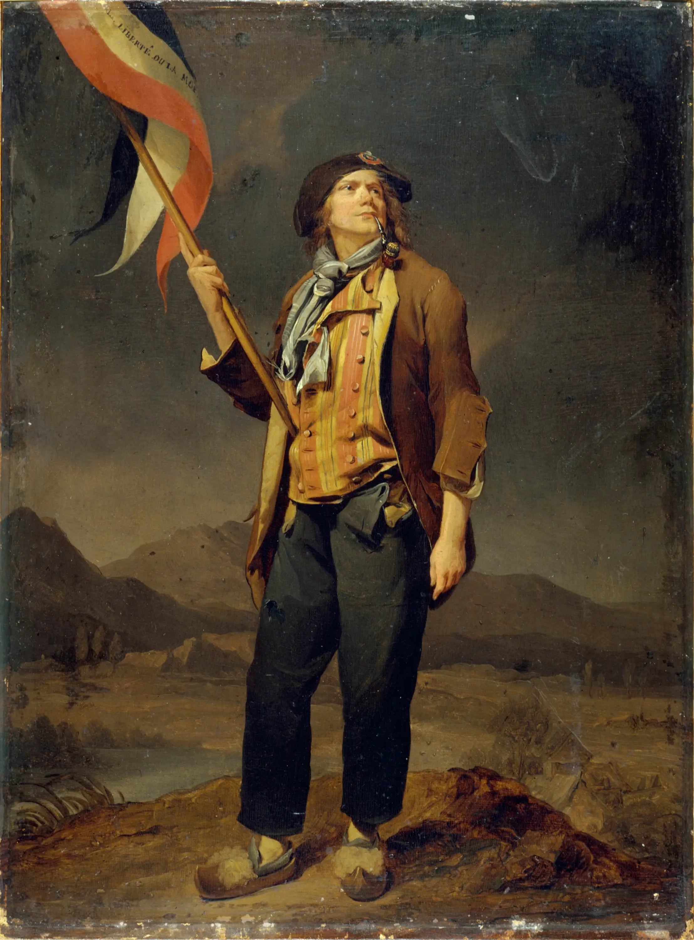 Portrait du chanteur Simon Chenard (1758-1832) en costume de sans-culotte portant un drapeau à la fête de la liberté