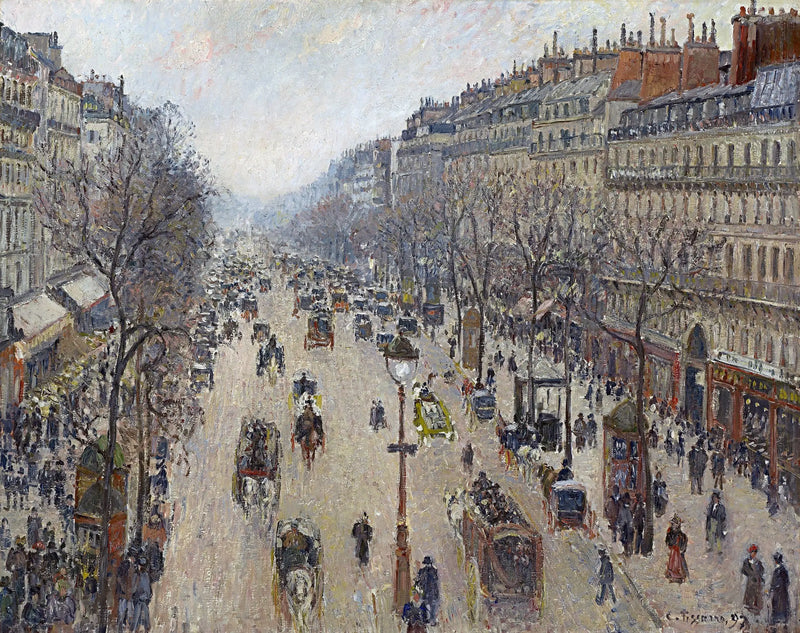 Boulevard Montmartre, ochtend, grijze lucht - Camille Pissarro