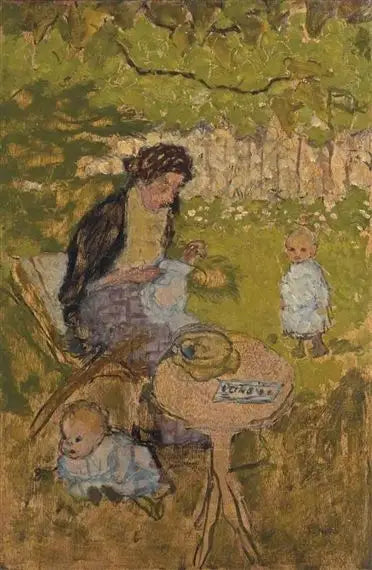 Vrouw die in een tuin naait (met kinderen) - Pierre Bonnard
