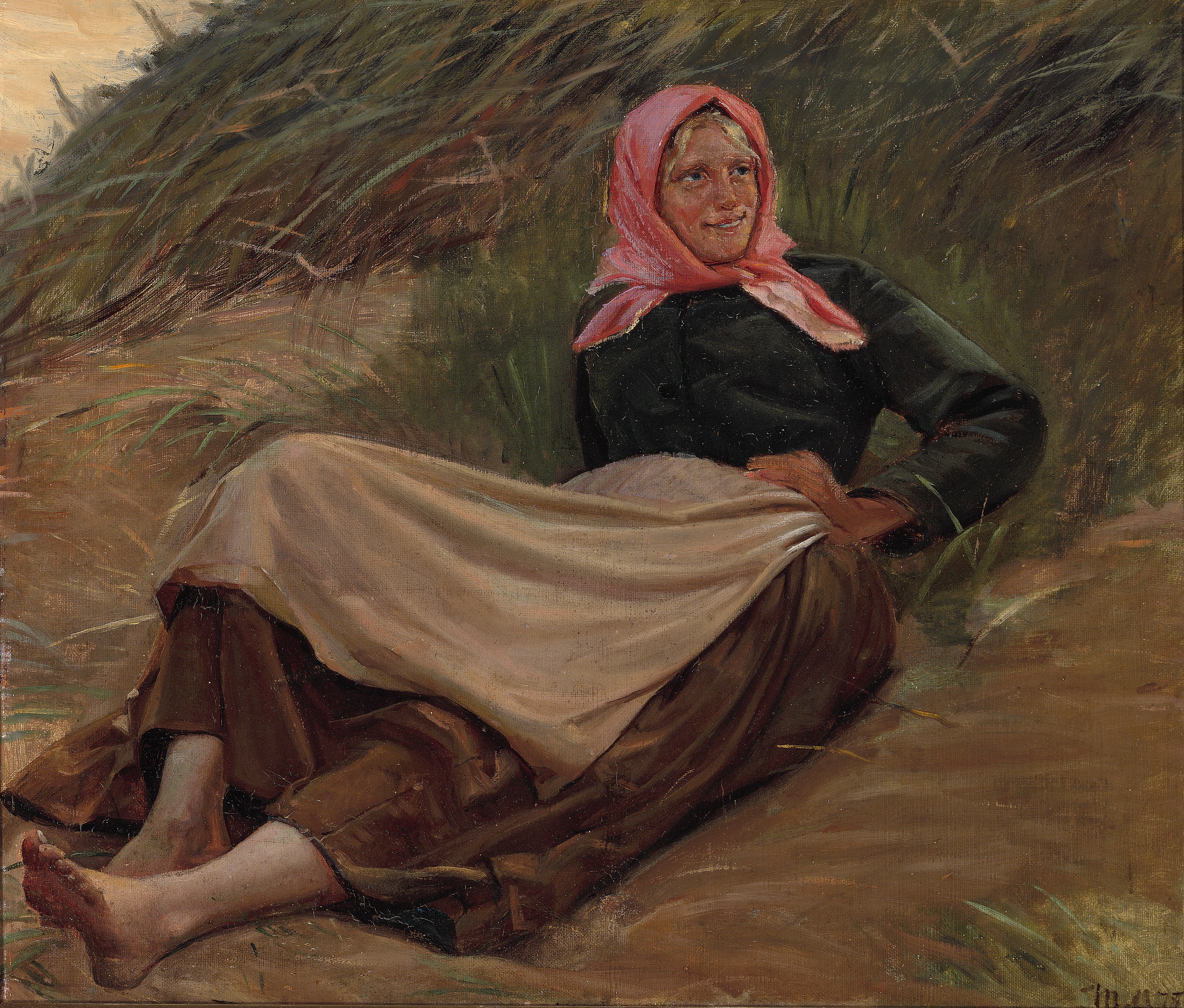 Fille souriante d’un pêcheur assise dans les dunes. Étude. - Michael Peter Ancher - Alpha Reproduction
