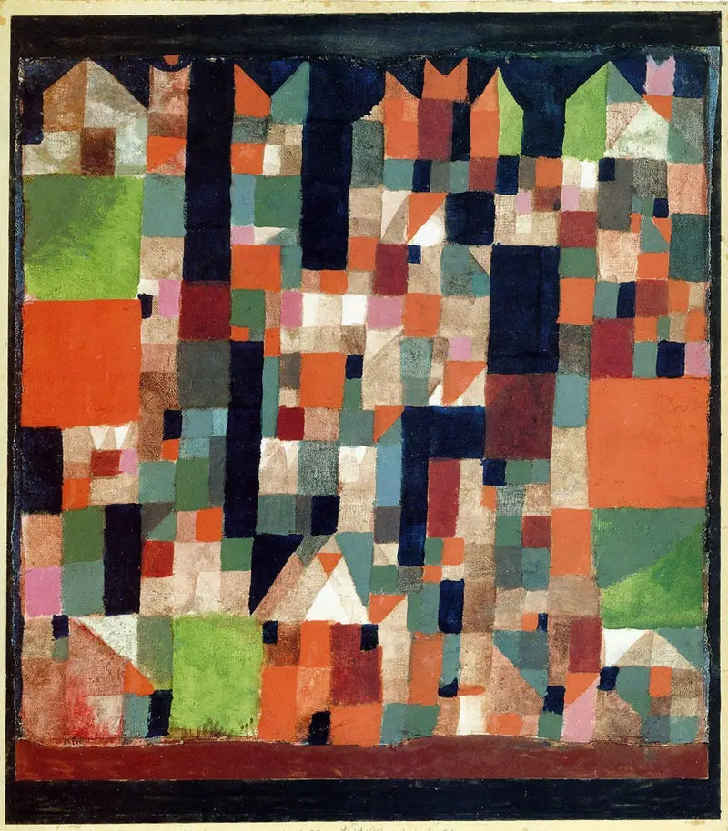 Afbeelding van een stad (rode/groene accenten) - Paul Klee