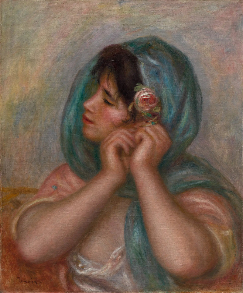 Jonge vrouw die haar oorbel arrangeert - Pierre-Auguste Renoir