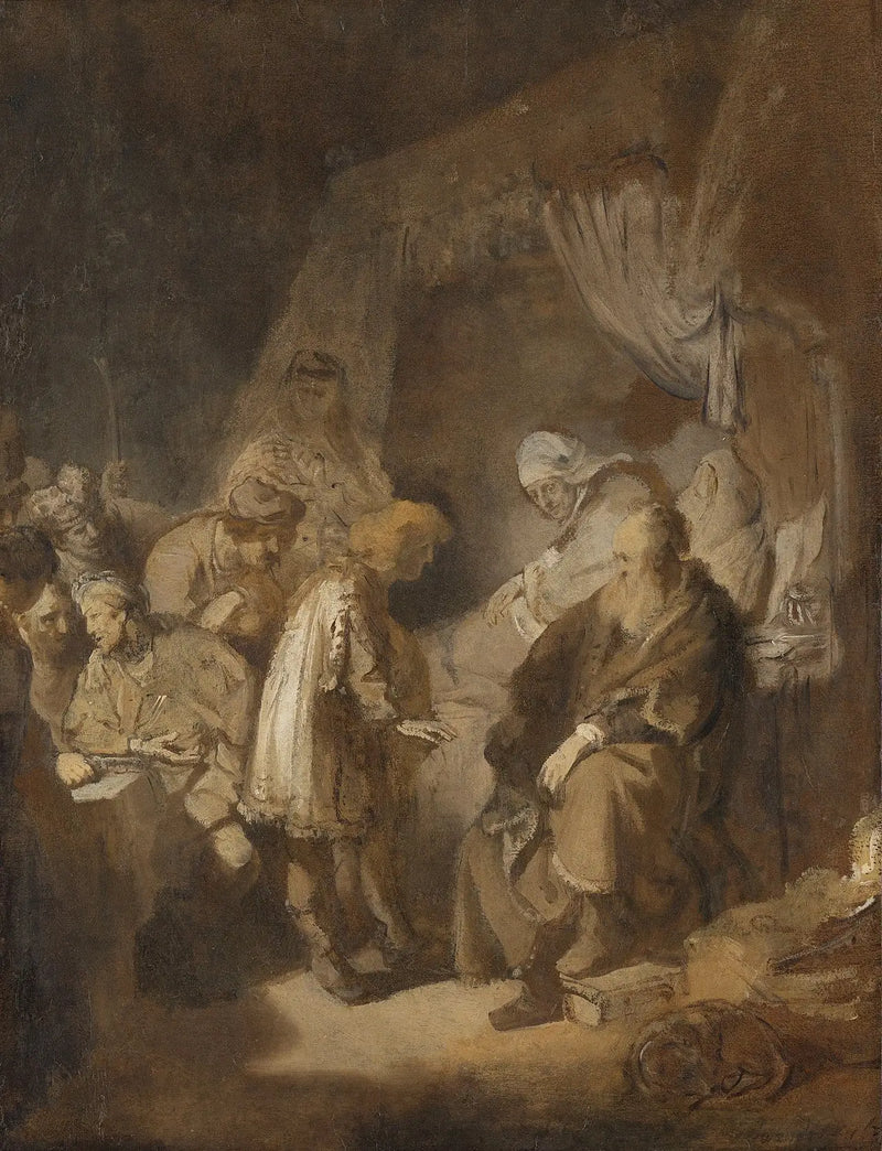 Jozef die zijn dromen vertelt aan zijn ouders en broers - Rembrandt
