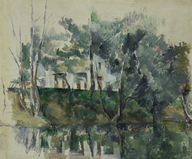 Bomen en huizen aan de waterkant - Paul Cézanne