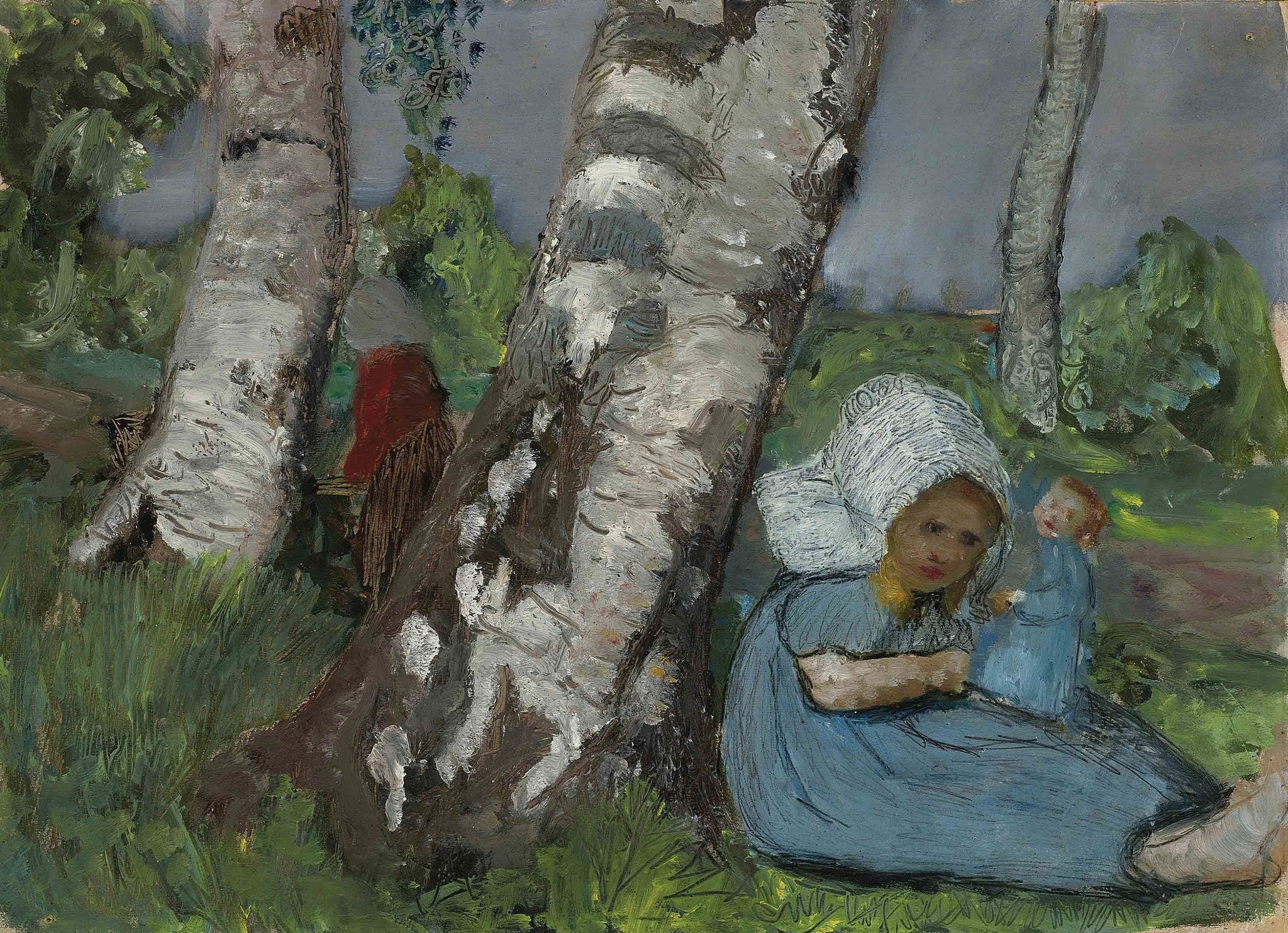 Kind mit Puppe am Birkenstamm sitzend - Paula Modersohn-Becker