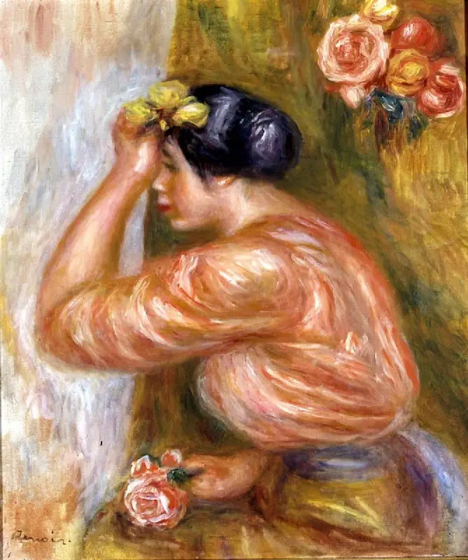 Reproduction du tableau « Femme à la rose devant le miroir - Pierre-Auguste Renoir » par Alpha Reproduction en peinture à l’huile